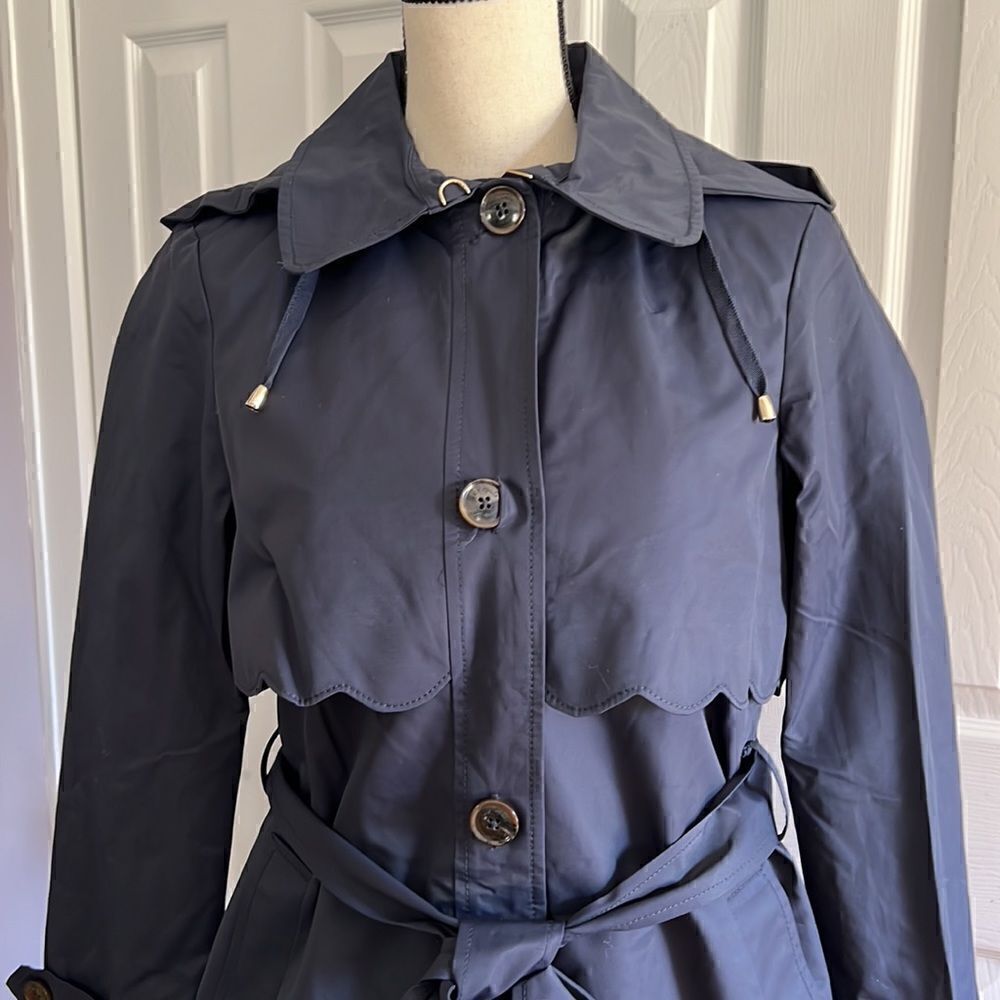 Kate Spade Scalloped Hooded Trench Coat Navy Blue Size S - Picture 8 of 16